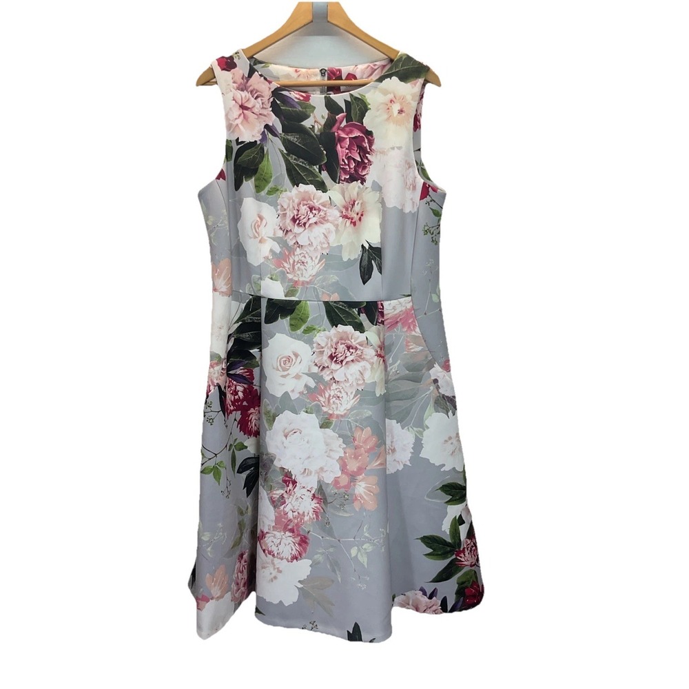New CALVIN KLEIN Womens Size 14W Grey Pink Floral Easter Church Spring Aline